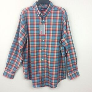 Round Tree & York Men smart  blue brown red plaid long sleeve button up shirt L